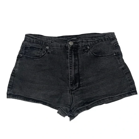 Forever 21 Mini Shorts Black size 29 hem denim stretchy zip fly button pockets - Picture 2 of 8